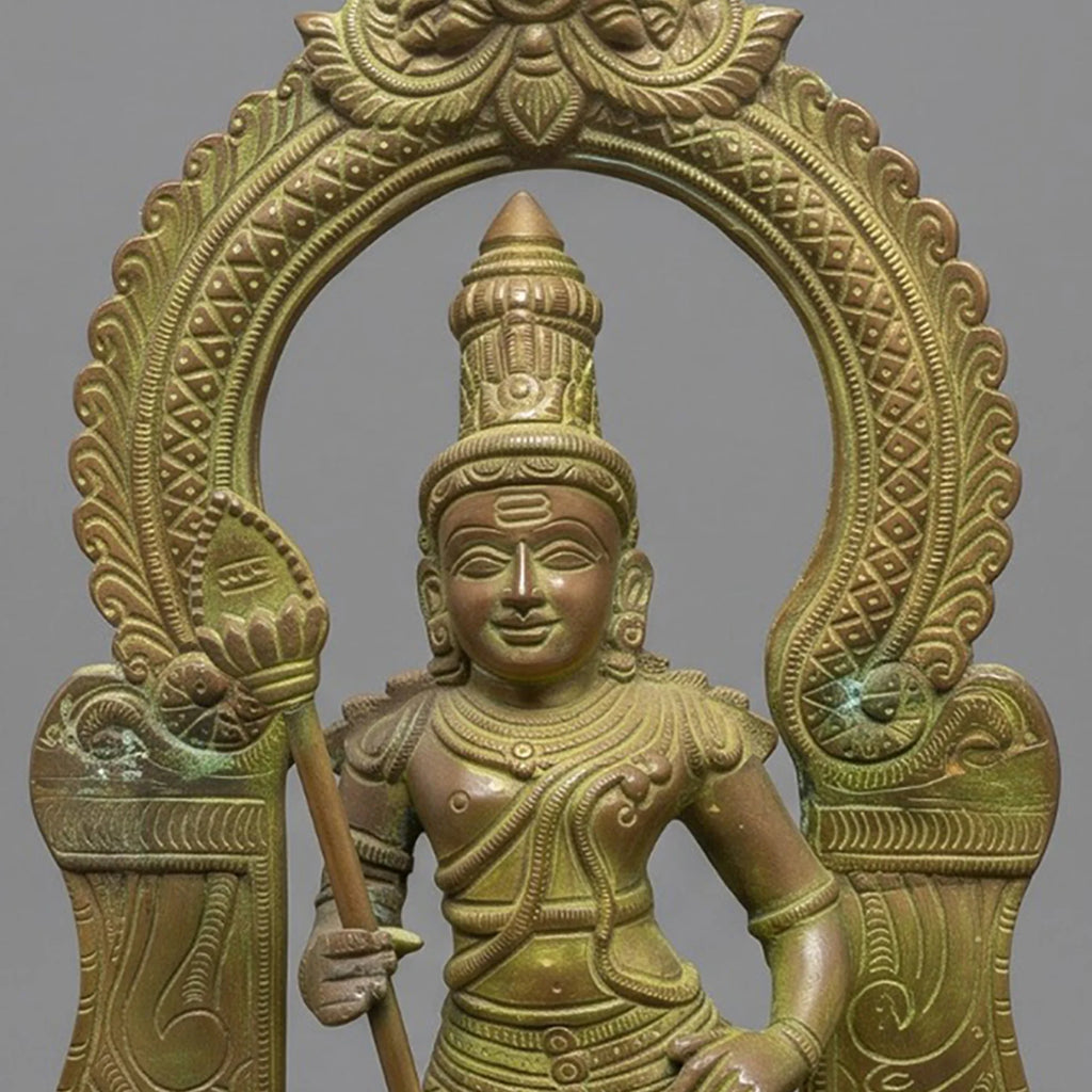 Handcrafted Brass Murugan Idol | Green Patina Finish with Kirtimukha Arch | South Indian Temple Decor