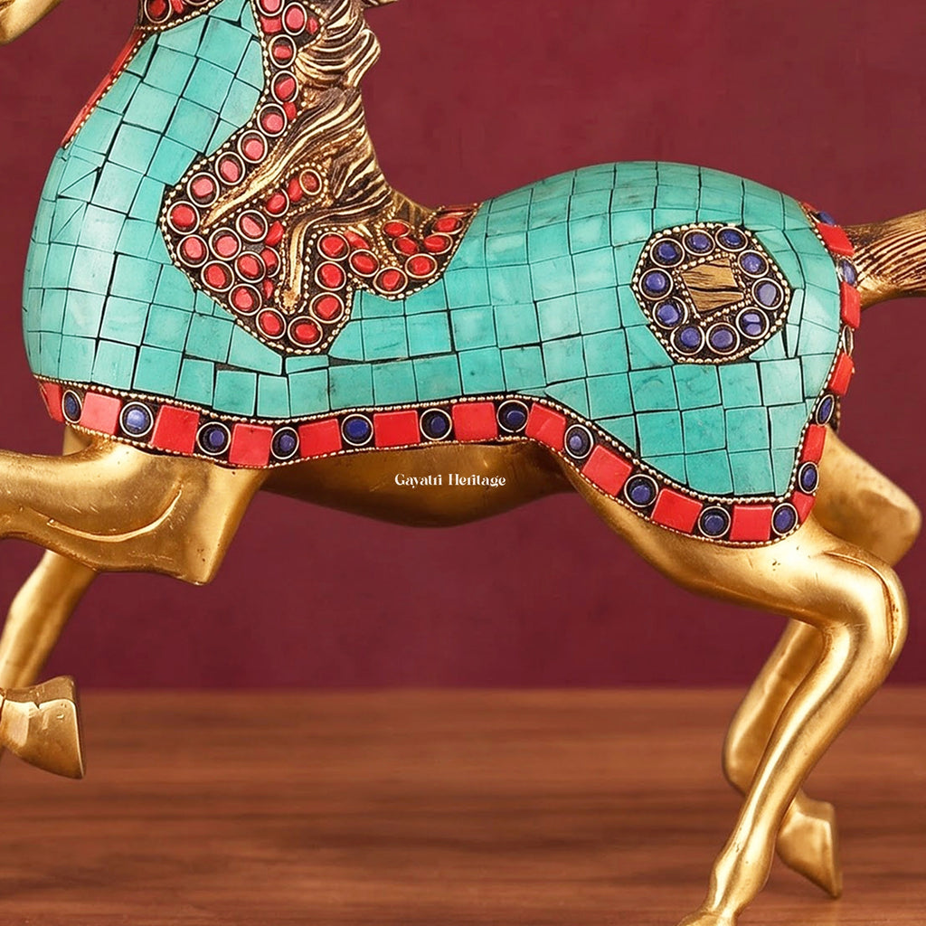 Brass Horse Statue with Stone Inlay, Handmade Prancing Horse Figurine, Indian Vastu Decor, Home & Office Decoration