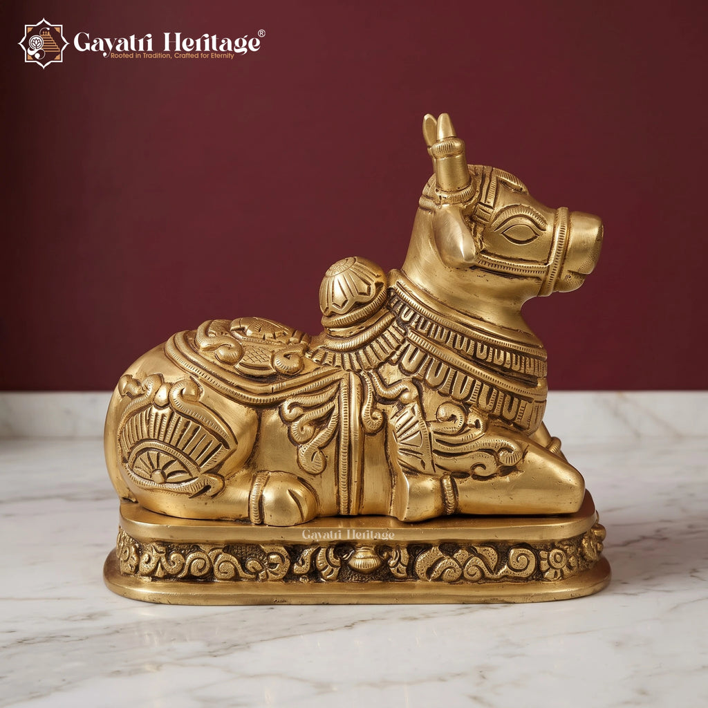 Brass Nandi Statue | Seated Bull Idol | Hindu Temple & Pooja Room Decor (6.5 Inch)
