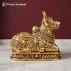 Brass Nandi Statue | Seated Bull Idol | Hindu Temple & Pooja Room Decor (6.5 Inch)