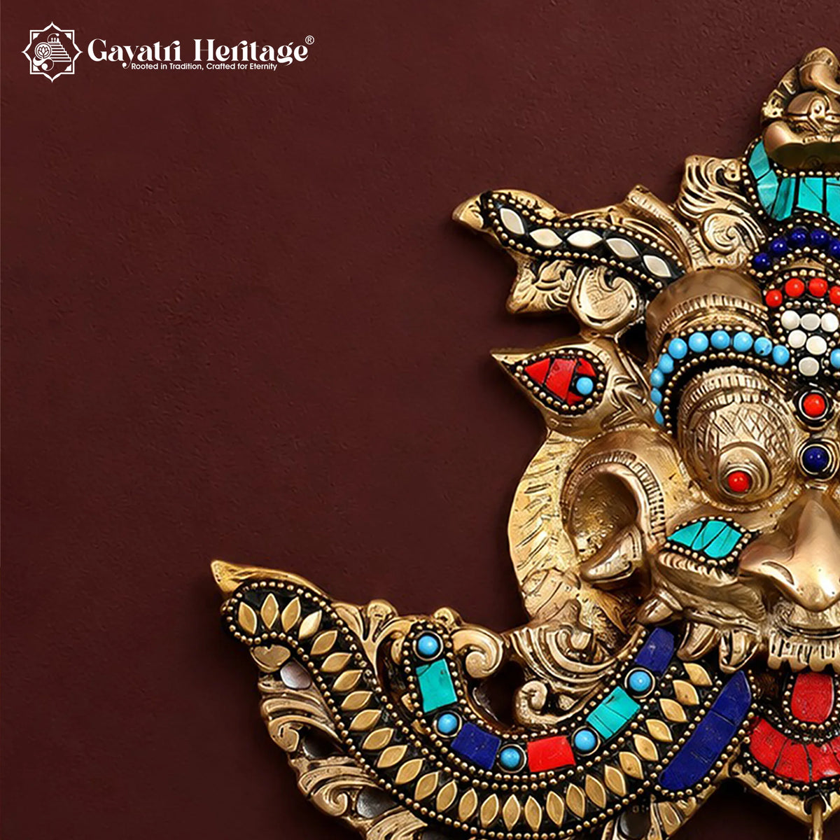 Brass Kirtimukha Wall Hanging with Stone Inlay – Nazar Battu Mask, Vastu Entrance & Door Decor