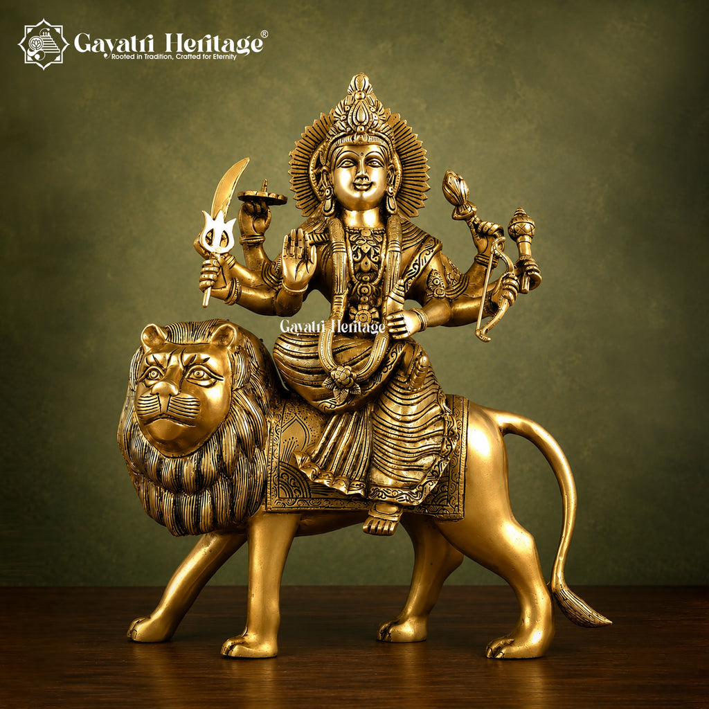 Brass Durga Mata Idol Sitting on Lion | Antique Finish | Hand Crafted Statue | Home Temple Decor