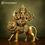 Brass Durga Mata Idol Sitting on Lion | Antique Finish | Hand Crafted Statue | Home Temple Decor