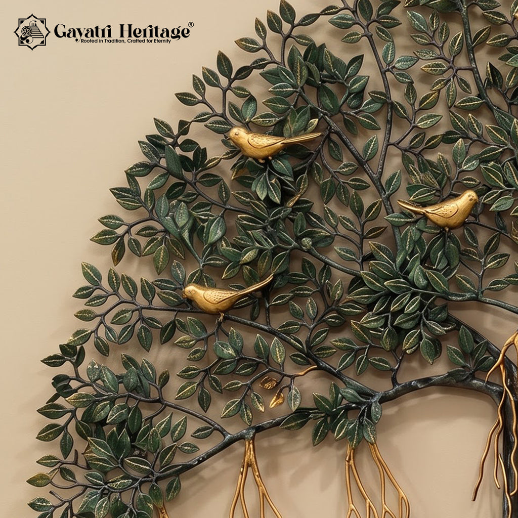 Brass Kalpvriksh Tree of Life Wall Art, Large 48 Inch Tree Wall Sculpture, Golden Birds, Green Gold Indian Luxury Decor