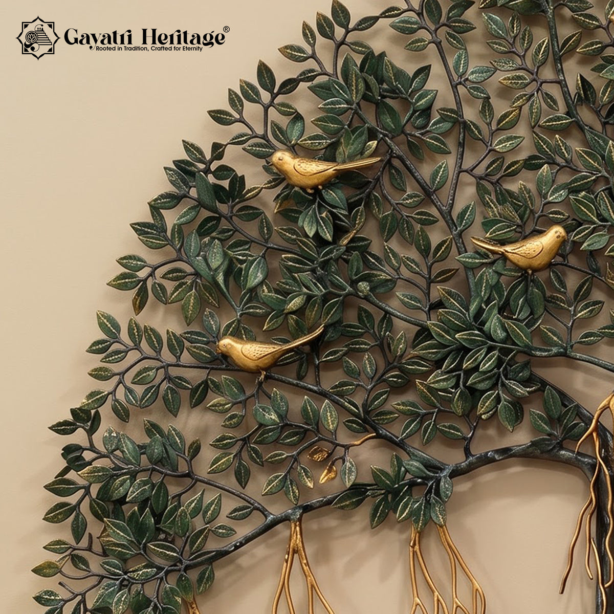 Brass Kalpvriksh Tree of Life Wall Art, Large 48 Inch Tree Wall Sculpture, Golden Birds, Green Gold Indian Luxury Decor