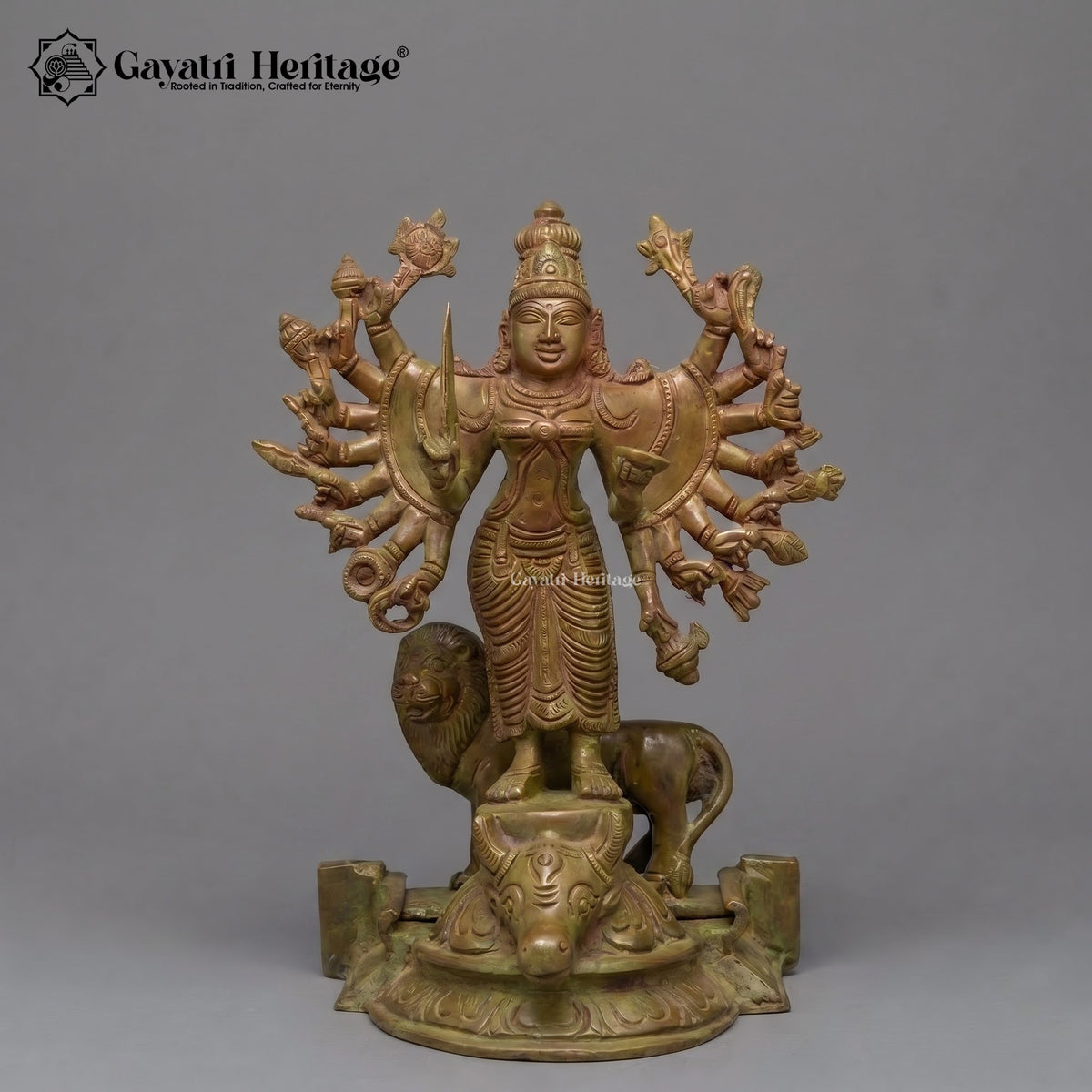 Brass Chamunda Devi Idol | Natural Bronze Finish with Carved Prabhavali Arch