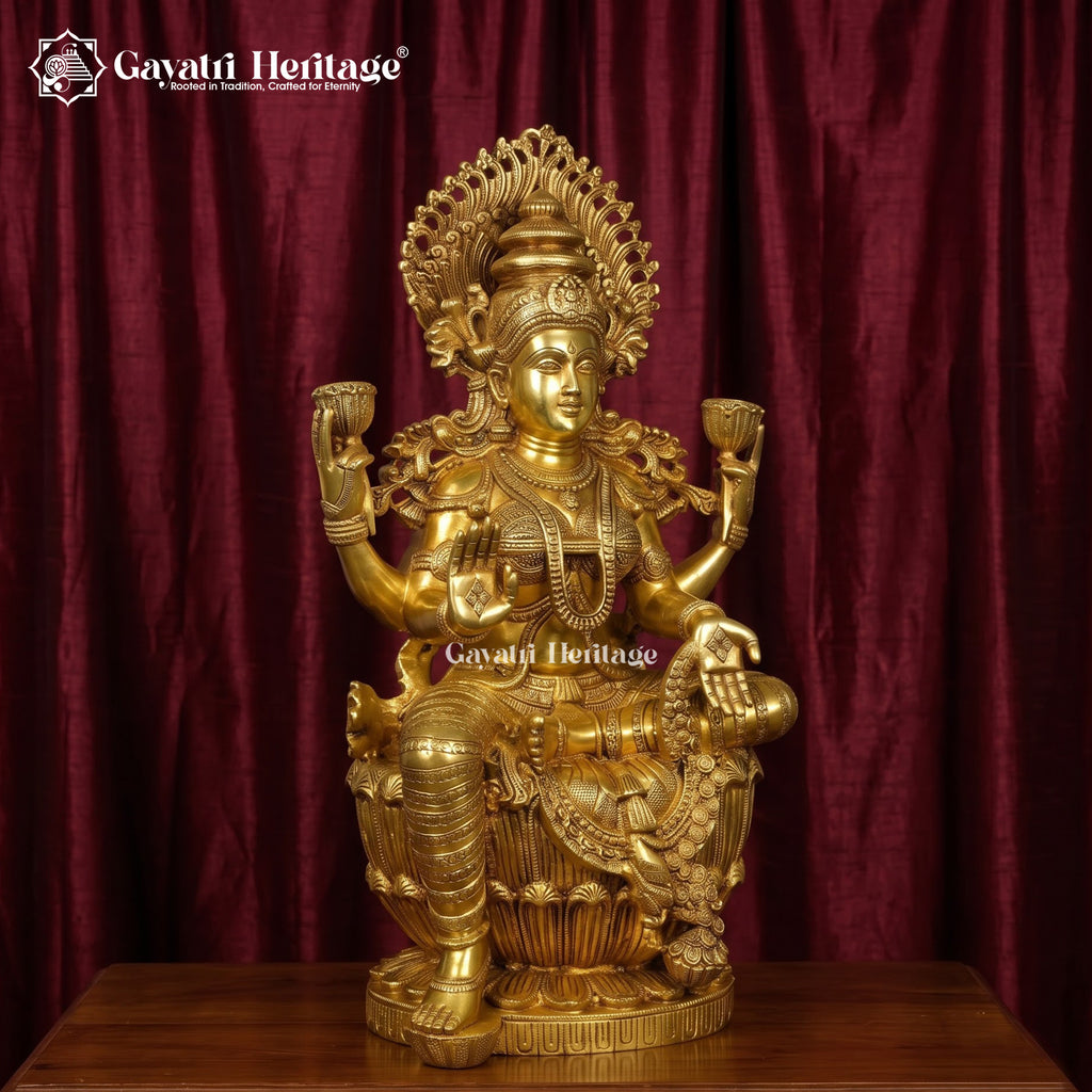 Brass Lakshmi Statue | Antique Gold Four-Armed Goddess Sculpture for Home Temple Decor