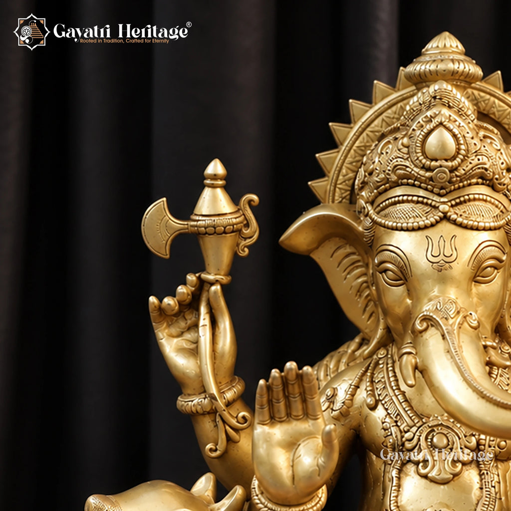 Brass Ganesha Statue with Mushak Mouse & Laddoo Bowl – Handcrafted Ganpati Idol for Home Mandir & Pooja Decor