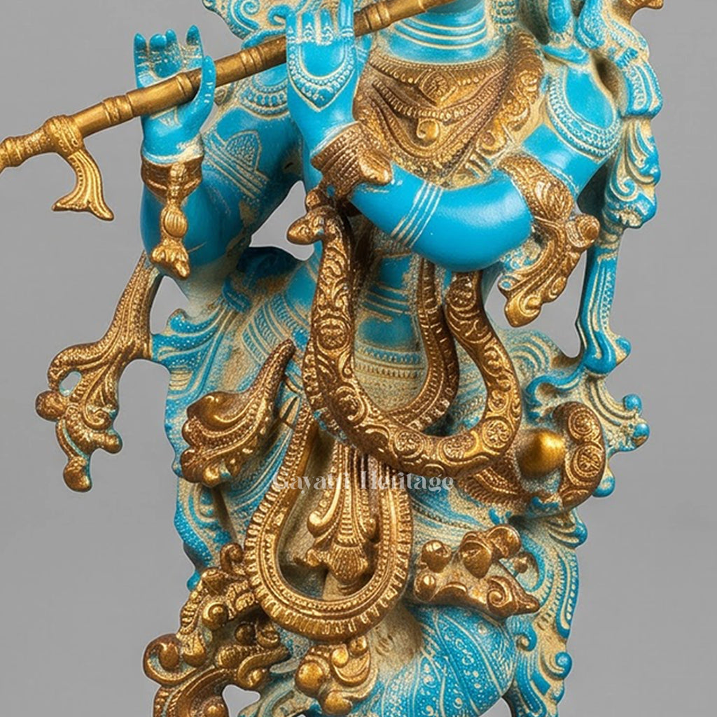Brass Krishna Statue with Turquoise Antique Finish | Flute Playing Krishna Murti | Hindu God Idol for Home Temple Decor