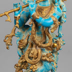 Brass Krishna Statue with Turquoise Antique Finish | Flute Playing Krishna Murti | Hindu God Idol for Home Temple Decor