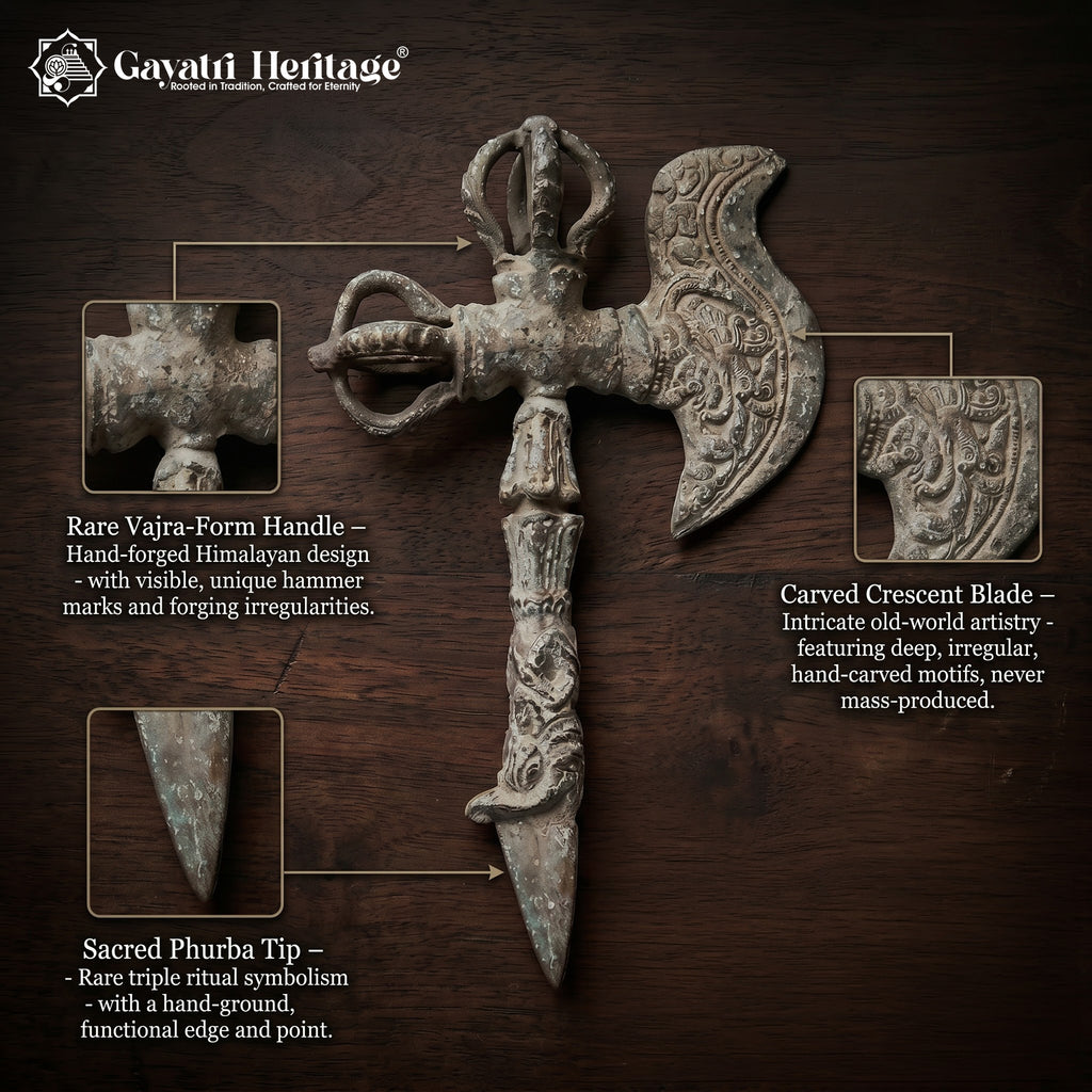 Rare Old Tibetan Ritual Axe (Kartika) Vajra Handle | Antique Brass Altar Piece  Himalayan Collectible Art