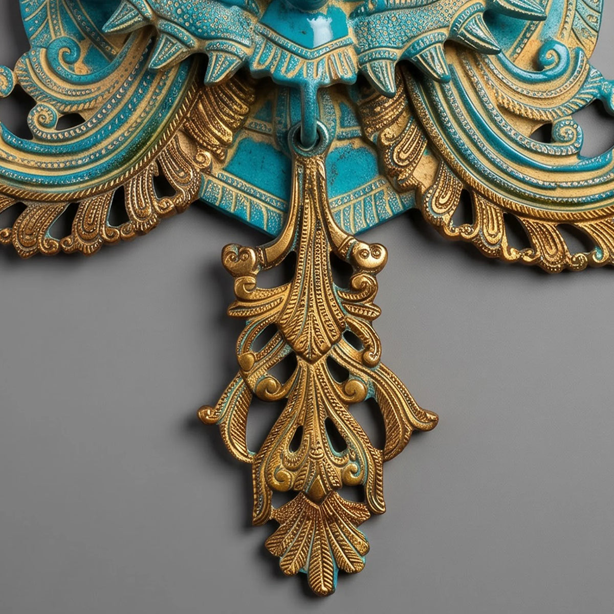 Kirtimukha Brass Wall Hanging – Turquoise Patina Temple Guardian Face, Handcrafted Indian Décor