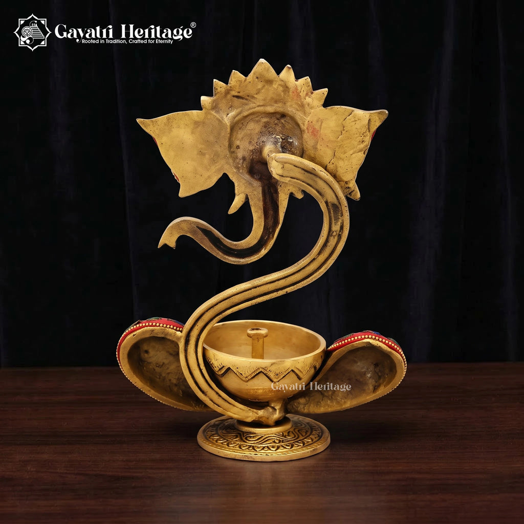 Brass Ganpati Diya | Stone Inlay Oil Lamp | Handmade Pooja Decor 9 Inch