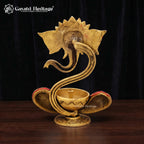 Brass Ganpati Diya | Stone Inlay Oil Lamp | Handmade Pooja Decor 9 Inch