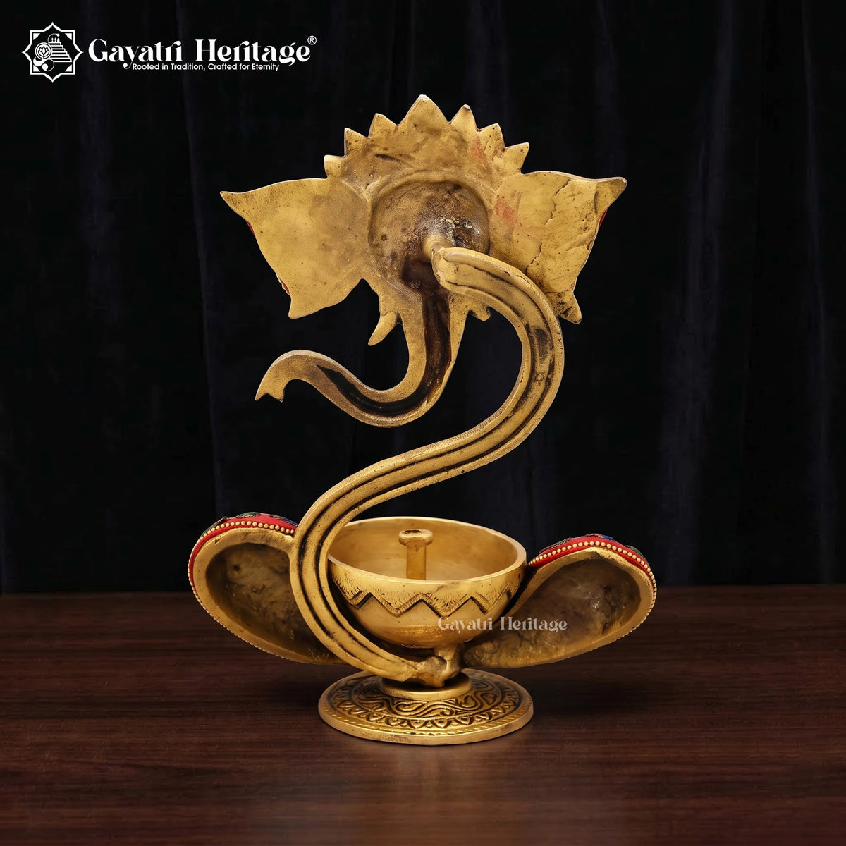 Brass Ganpati Diya | Stone Inlay Oil Lamp | Handmade Pooja Decor 9 Inch