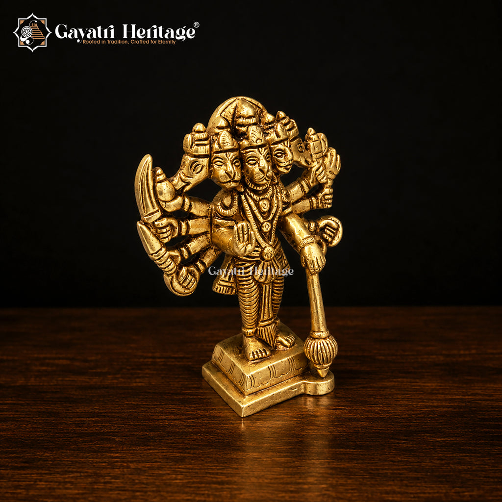 Solid Brass Panchmukhi Hanuman Idol | Five-Faced Standing Statue with Gada | Handcrafted Bajrangbali Murti | Hindu Pooja Room Decor