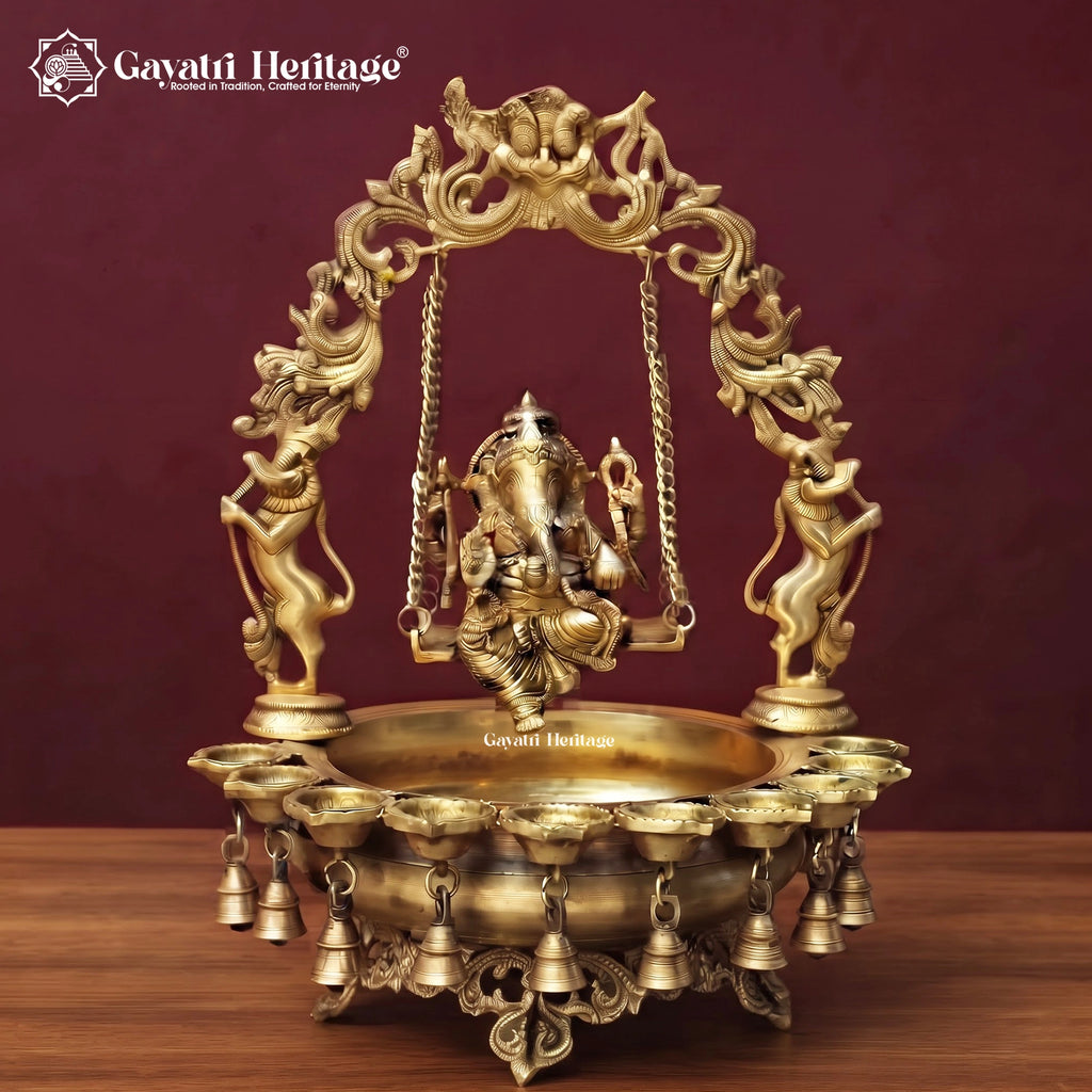 Brass Ganesha Swing Urli Bowl with Diyas & Bells, Handcrafted Ganesh Pooja Decor, Diwali Home Temple Decoration