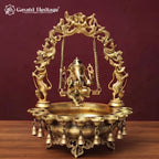 Brass Ganesha Swing Urli Bowl with Diyas & Bells, Handcrafted Ganesh Pooja Decor, Diwali Home Temple Decoration