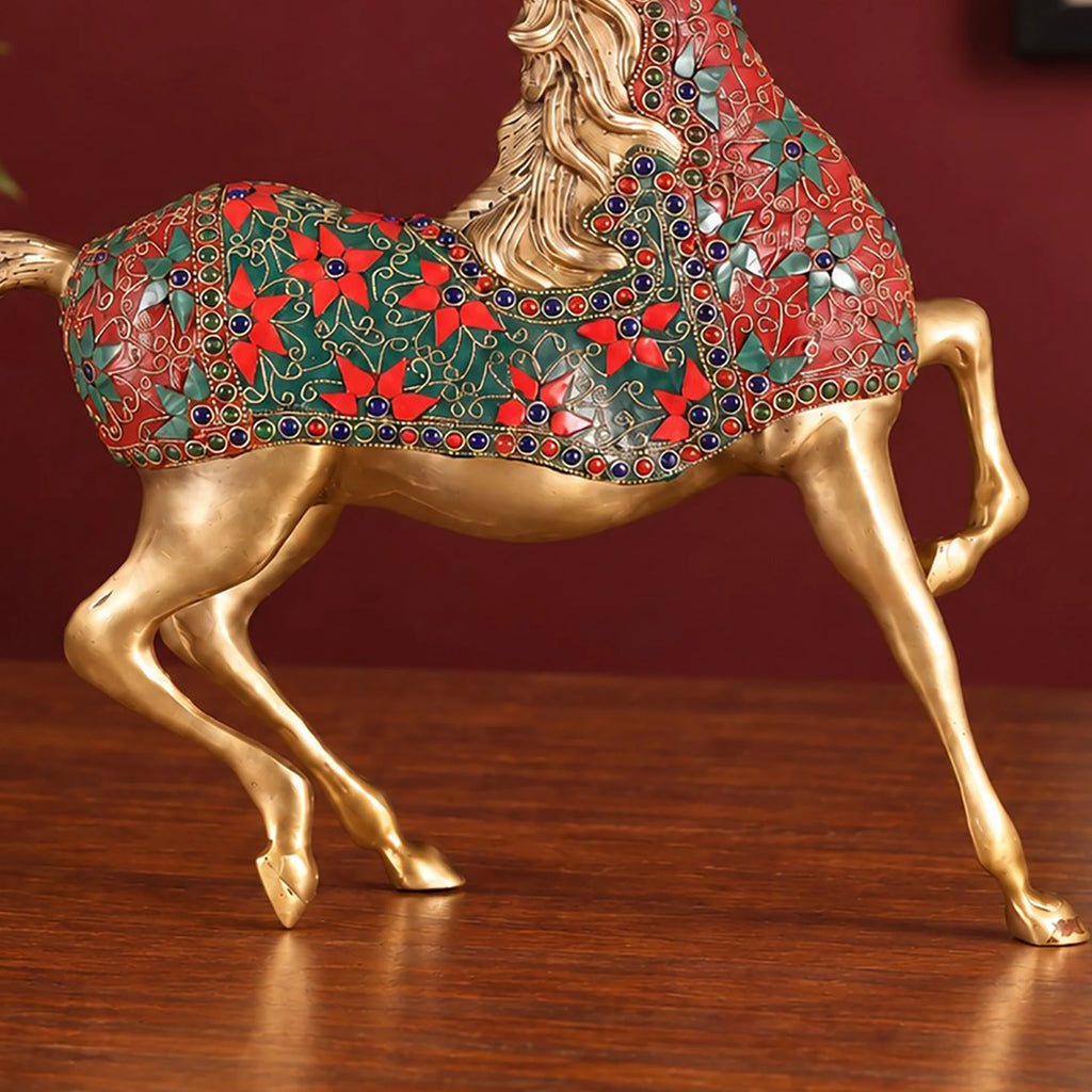Brass Horse Statue with Red Floral Stone Inlay – Handmade Prancing Horse Sculpture