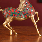 Brass Horse Statue with Red Floral Stone Inlay – Handmade Prancing Horse Sculpture