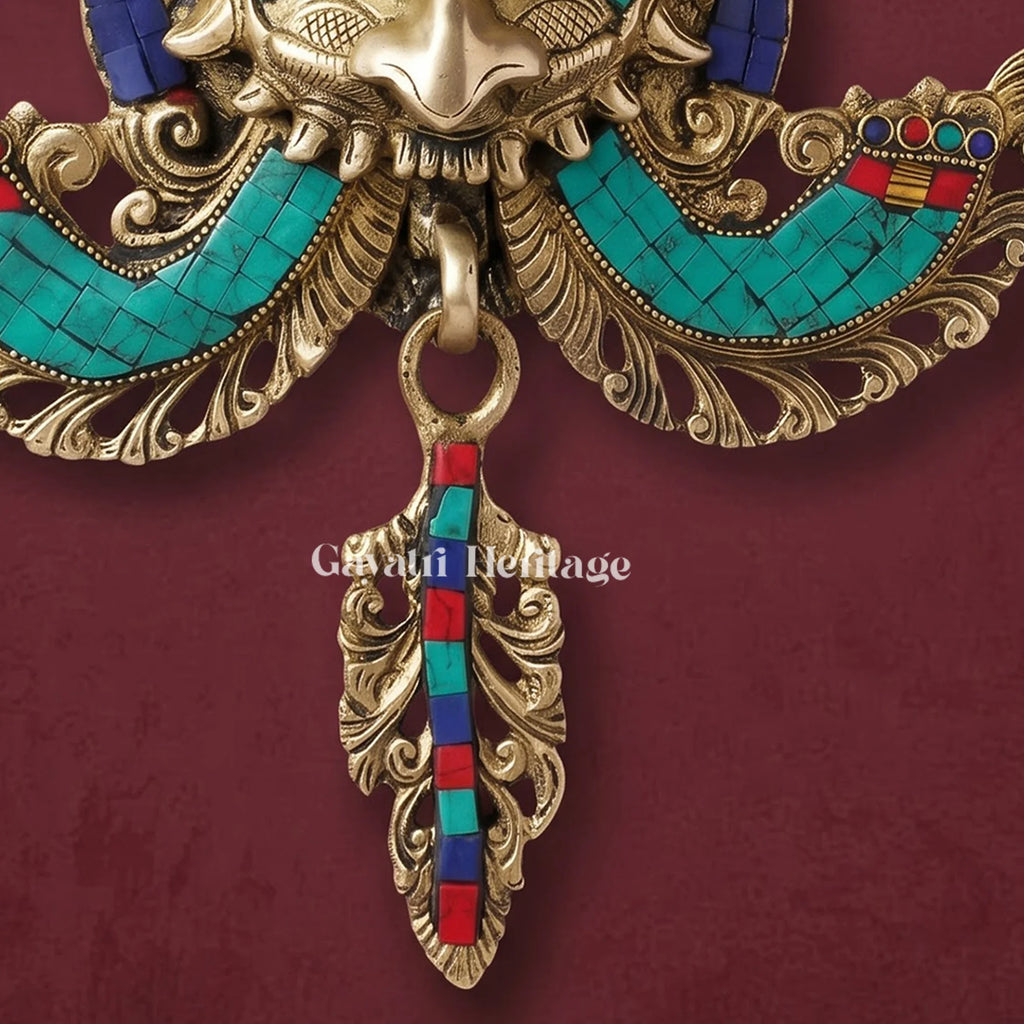 Brass Kirtimukha Mask – Tibetan Style Wall Hanging with Stone Inlay, Nazar Battu & Main Door Decor