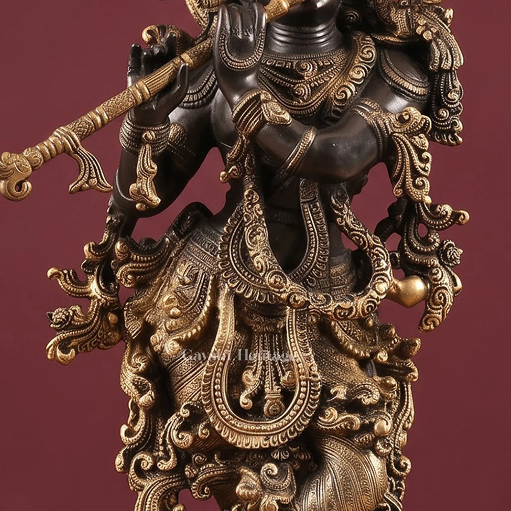 Brass Krishna Flute Statue | Black & Gold Finish | Handmade Hindu Home Decor