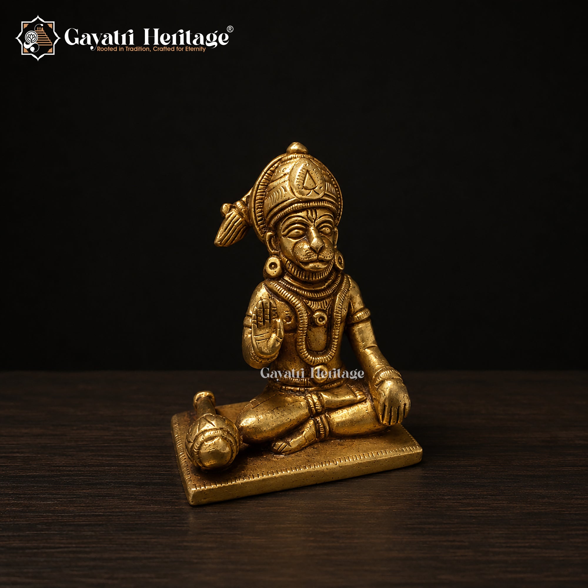 Brass Hanuman Idol | Seated Blessing Pose with Gada | Antique Gold Bajrangbali Statue | Handcrafted Hindu Murti | Pooja Room Decor