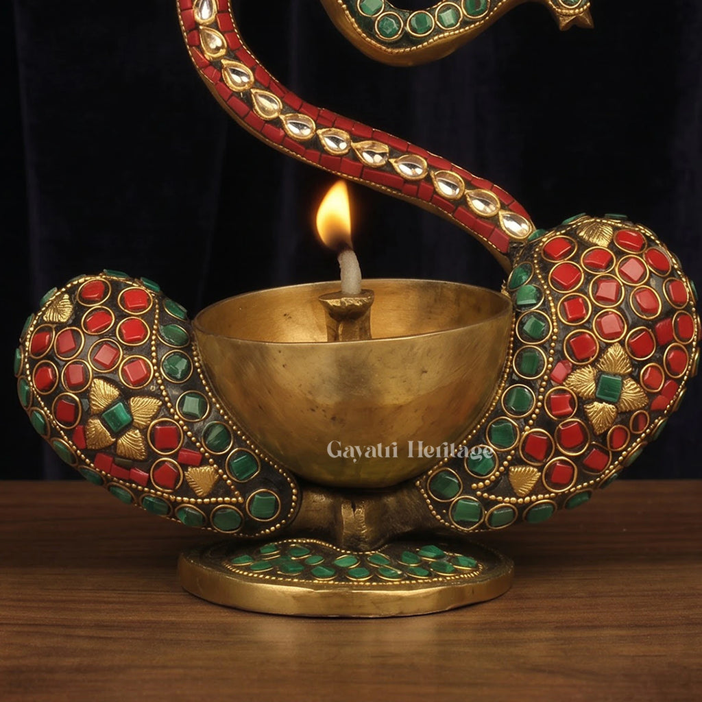 Brass Ganesha Oil Lamp | Stone Inlay Diya | Handmade Pooja Decor 9 Inch