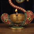 Brass Ganesha Oil Lamp | Stone Inlay Diya | Handmade Pooja Decor 9 Inch