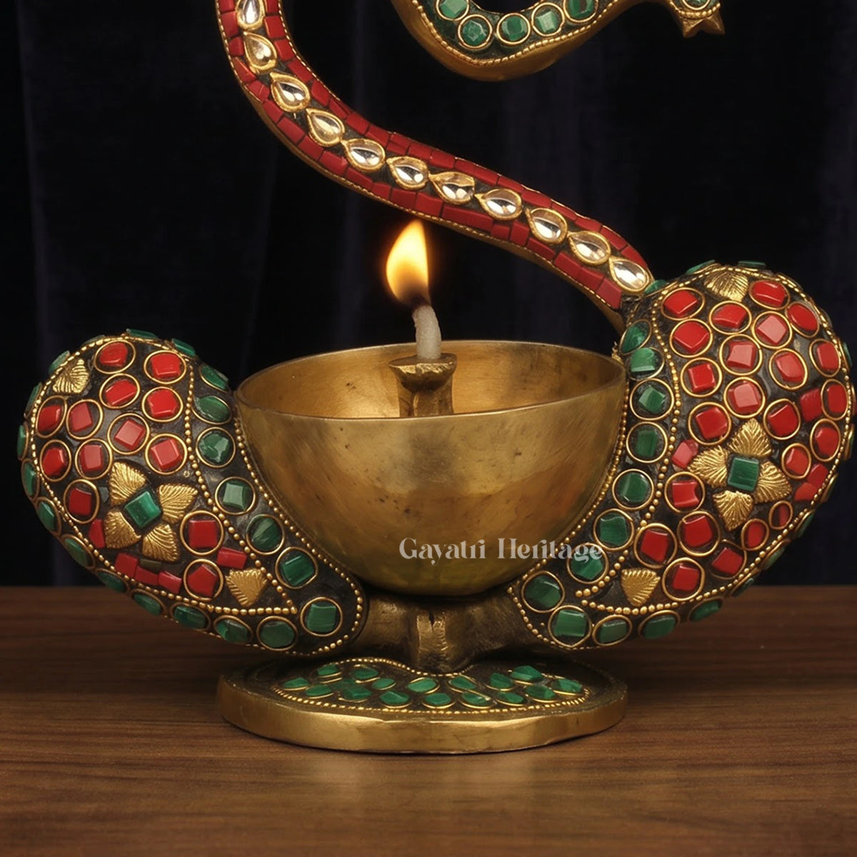 Brass Ganesha Oil Lamp | Stone Inlay Diya | Handmade Pooja Decor 9 Inch