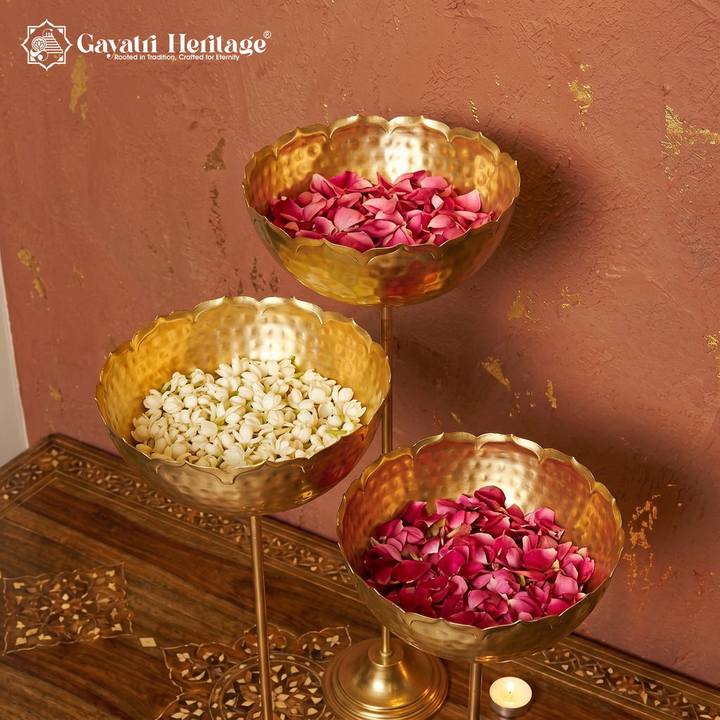 Set of 3 Tall Urli Bowls – Hammered Gold Lotus Petal Diya Stand | Gayatri Heritage