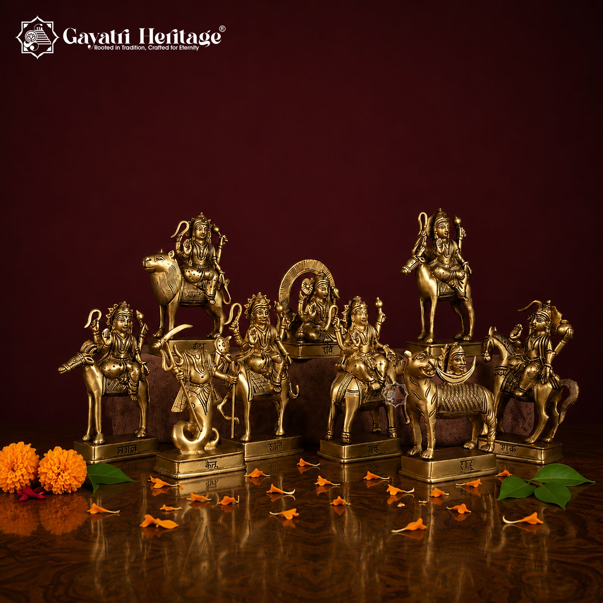 Brass Navgraha Idol Set – Sacred Nine Planet Deities for Home Temple & Vastu Decor | Gayatri Heritage