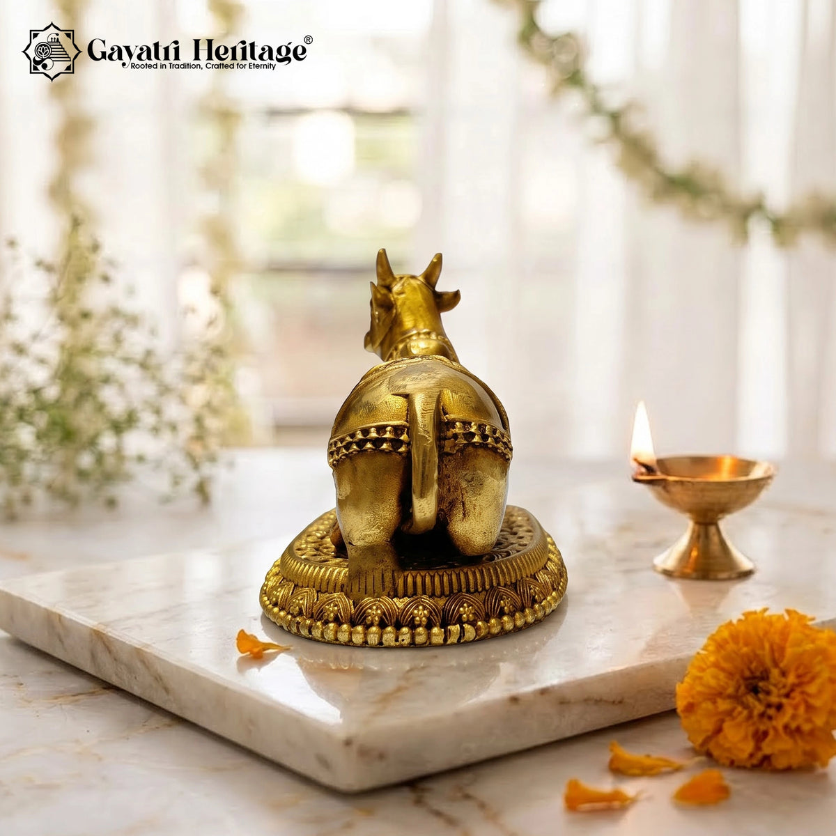 Brass Nandi Statue, Sitting Nandi Bull Idol, Shiva Temple Murti, Pooja Room & Home Mandir Decor
