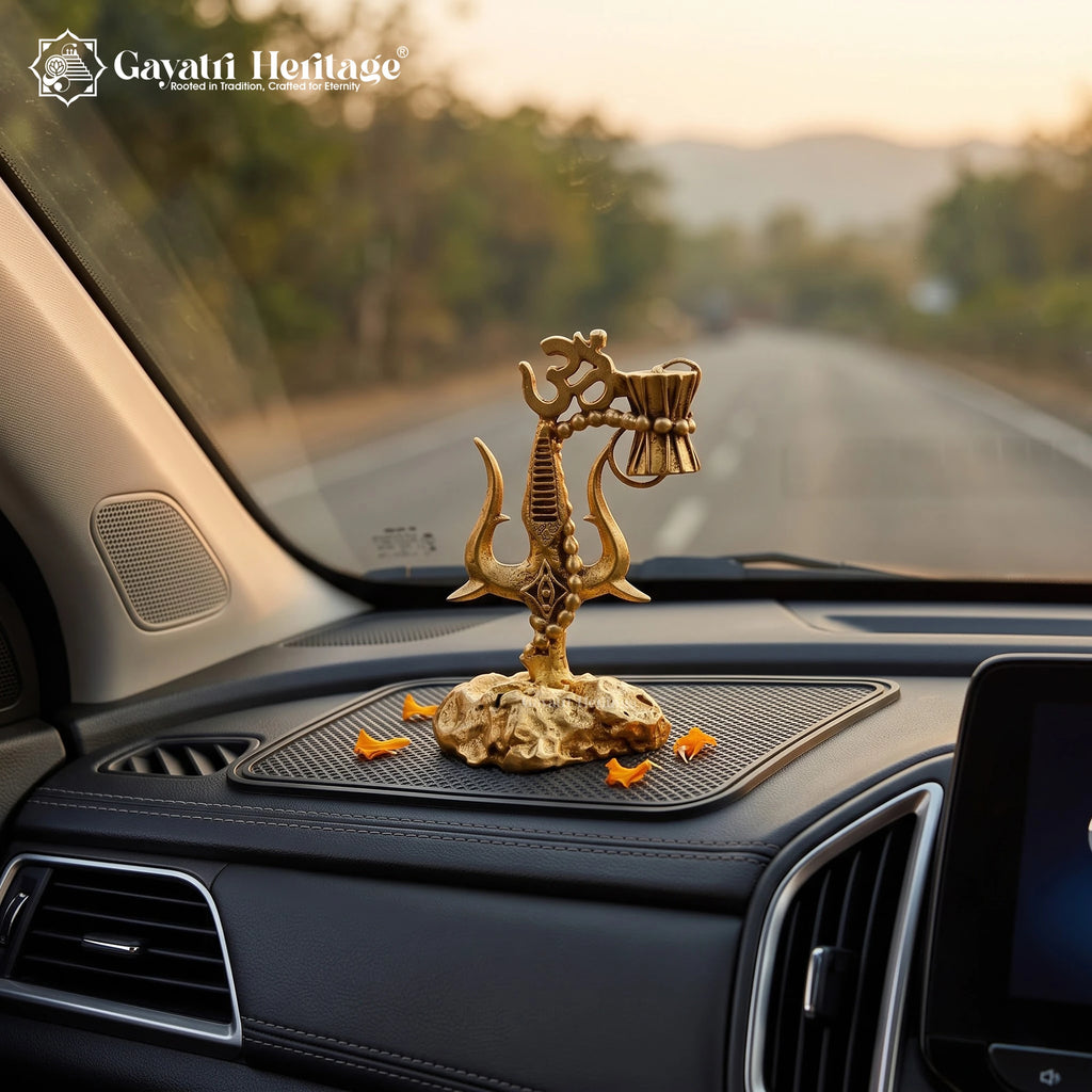 Brass Trishul Om Damru | Lord Shiva Trident with Om & Damru  | Car Dashboard & Home Mandir Decor