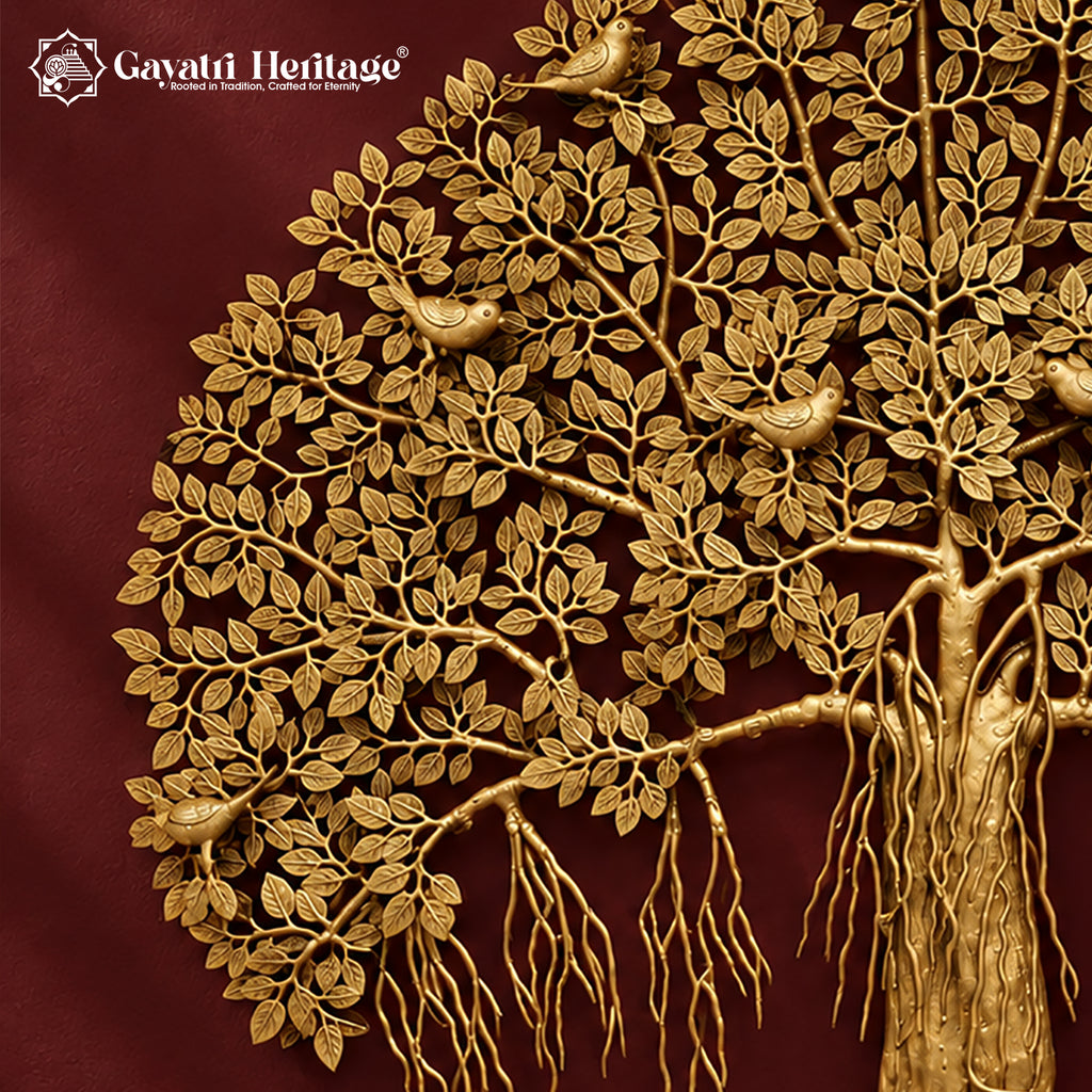 Brass Kalpvriksha Tree Wall Hanging, Large Tree of Life Wall Art with Birds, Indian Brass Wall Decor