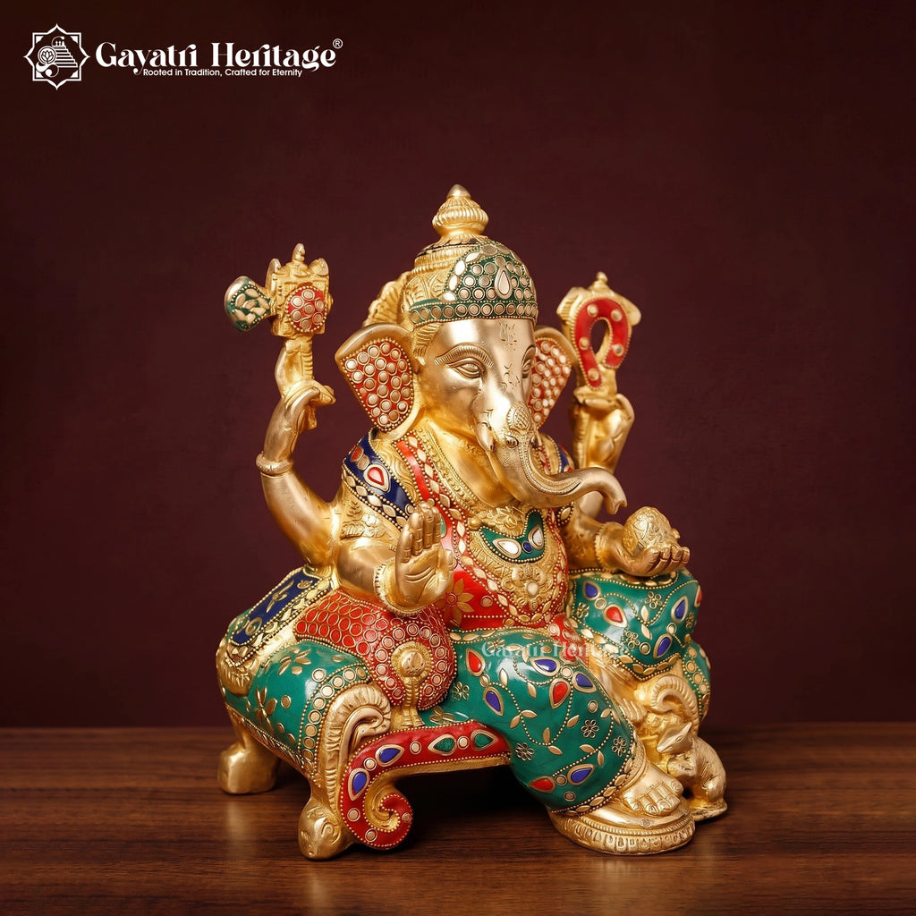 Brass Ganesha Statue with Stone Meenakari Inlay | Handcrafted Ganesh Idol for Diwali Puja & Home Decor