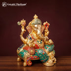 Brass Ganesha Statue with Stone Meenakari Inlay | Handcrafted Ganesh Idol for Diwali Puja & Home Decor