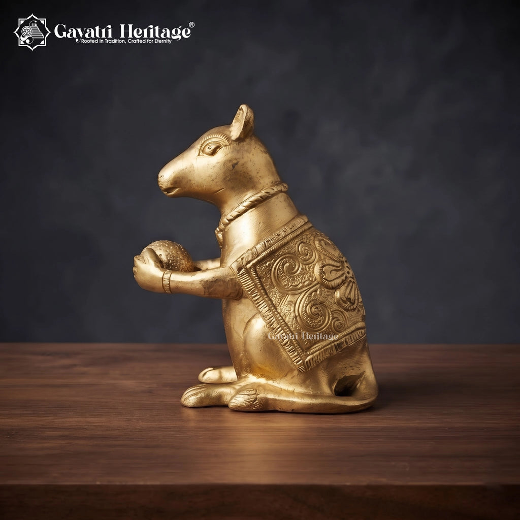 Brass Mushak with Laddoo Statue | Lord Ganesha’s Rat Vahana Idol