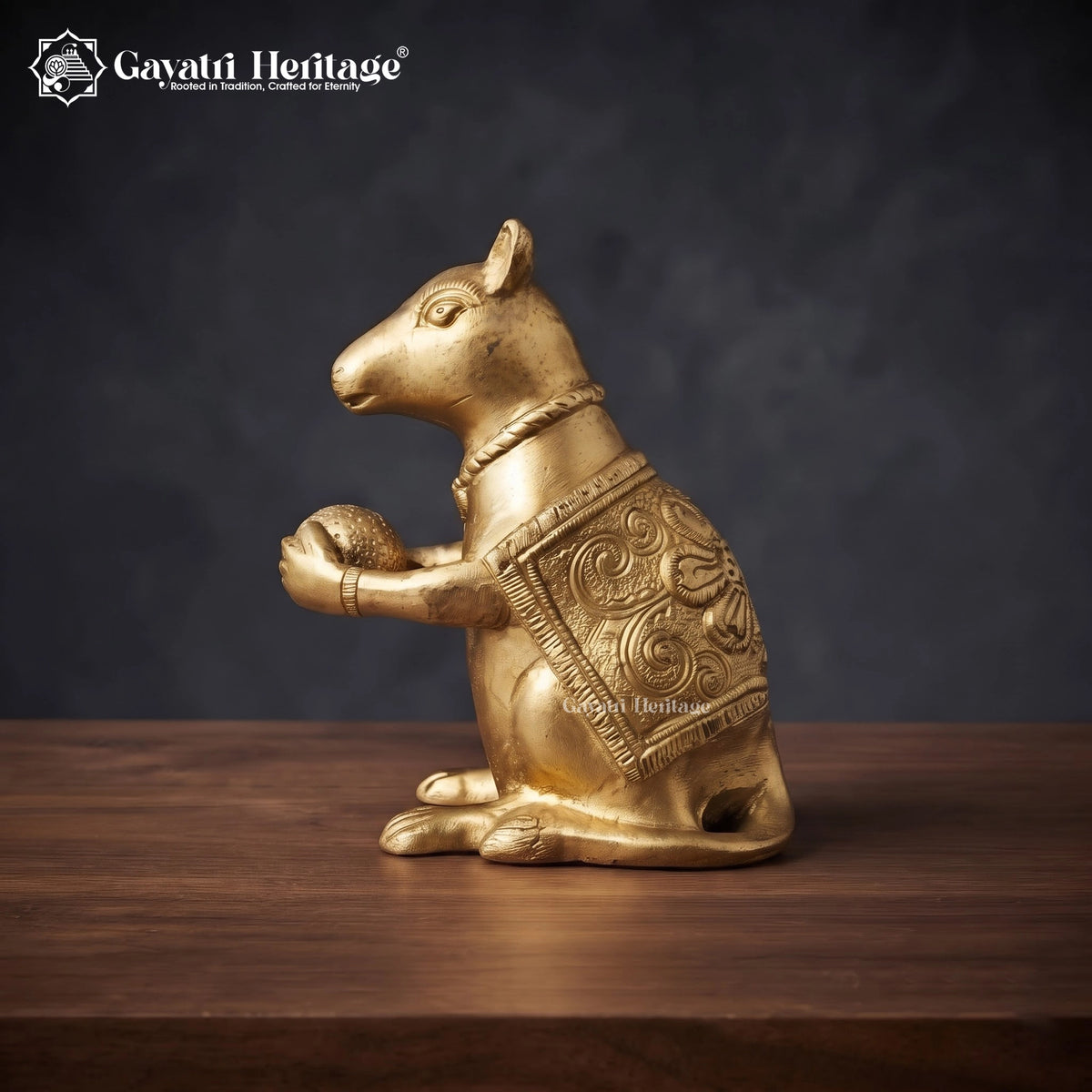 Brass Mushak with Laddoo Statue | Lord Ganesha’s Rat Vahana Idol