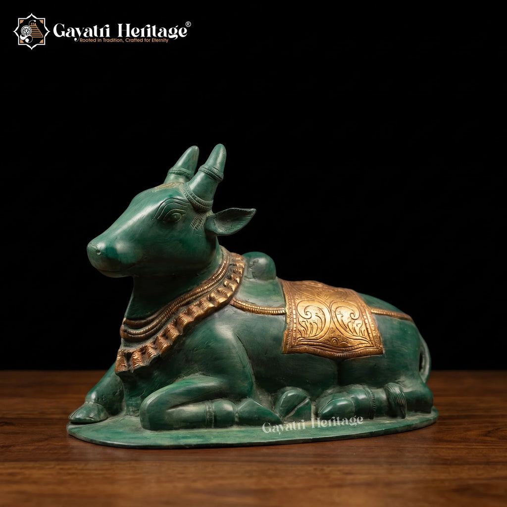 Brass Nandi Statue | Green Patina Finish with Ornate Saddle Cloth | Shiva Vahana (9.5 Inch)