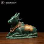 Brass Nandi Statue | Green Patina Finish with Ornate Saddle Cloth | Shiva Vahana (9.5 Inch)