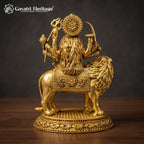 Brass Durga Maa Idol on Lion | Intricately Carved Goddess Durga Statue with Round Base