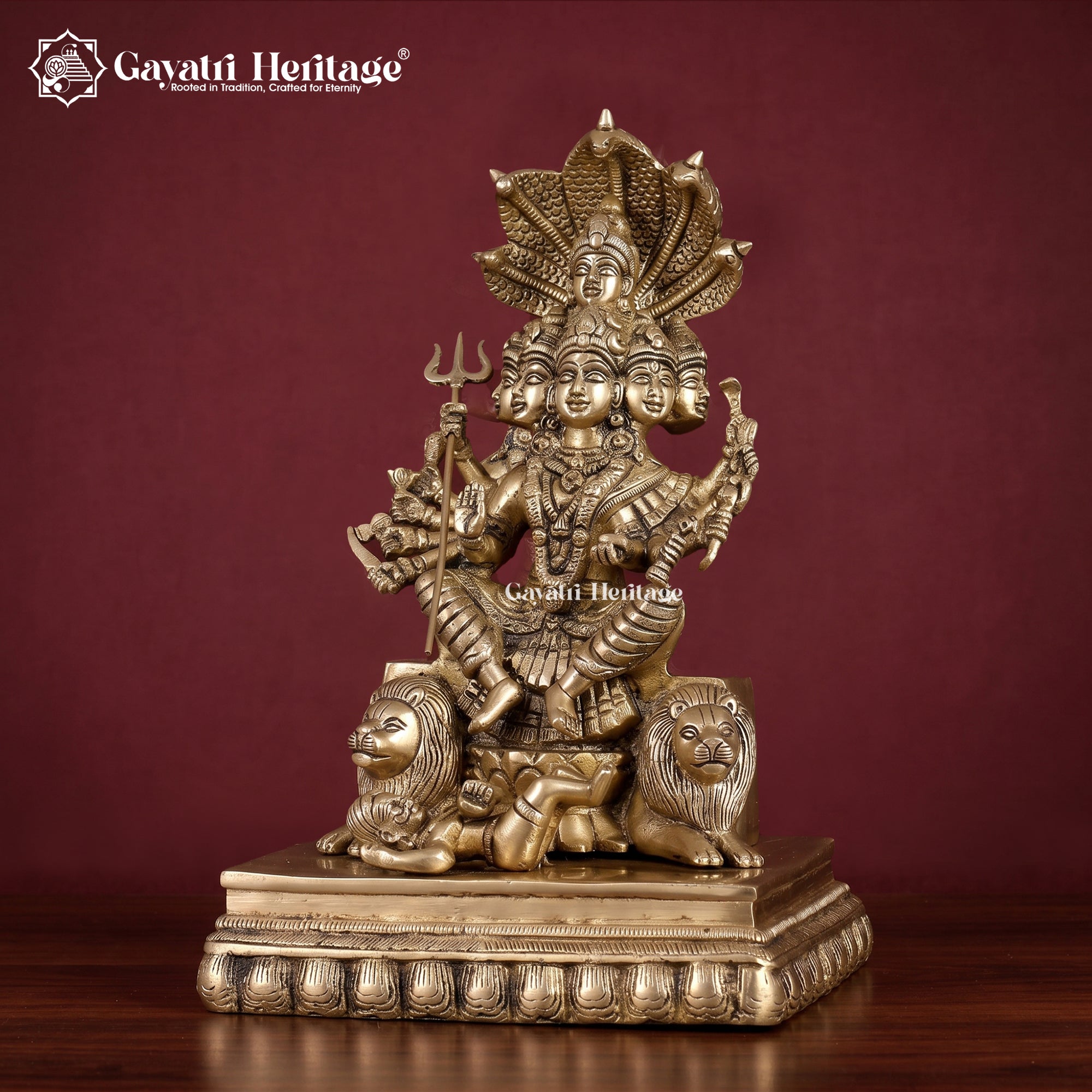 Brass Six Faced Durga with Naga Aura & Lions |  Divine Shakti Idol | Pooja Room Decor  | Gayatri Heritage