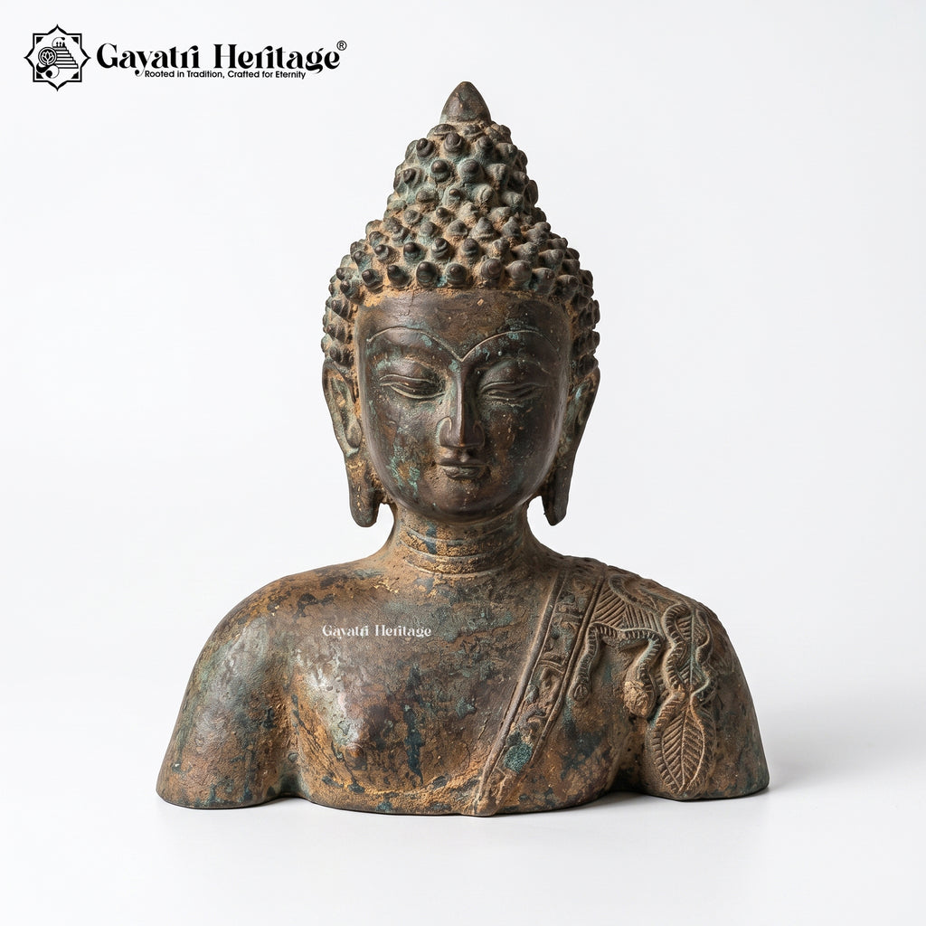 Antique Brass Buddha Bust Statue – Verdigris Patina Finish Gayatri Heritage