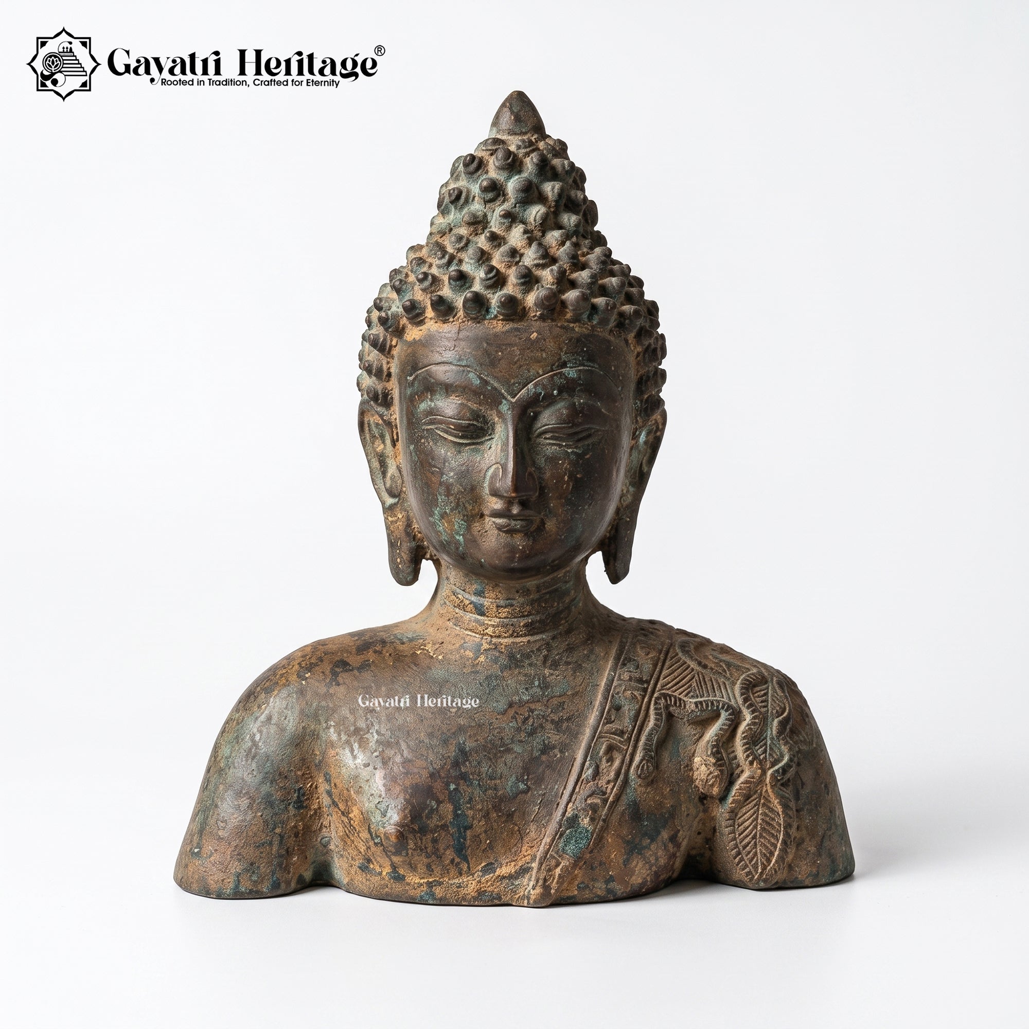 Antique Brass Buddha Bust Statue – Verdigris Patina Finish Gayatri Heritage