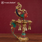 Brass Peacock Diya Lamp with Turquoise Coral Inlay | Multi-Wick Oil Lamp for Home Decor & Pooja