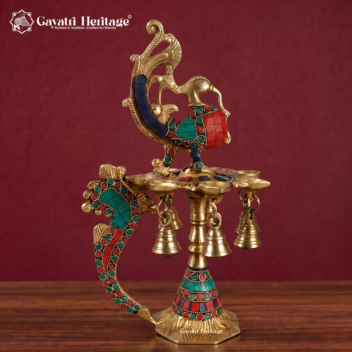 Brass Peacock Diya Lamp with Turquoise Coral Inlay | Multi-Wick Oil Lamp for Home Decor & Pooja