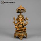 Brass Ganesha Statue with Umbrella & Bells | Antique Finish Temple Decor