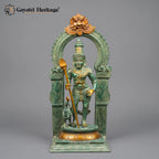 Brass Murugan Idol with Vel & Peacock | Antique Green Patina Kartikeya Statue with Kirtimukha Arch