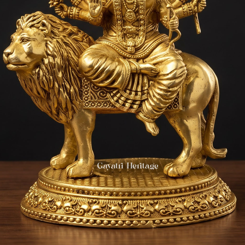 Brass Durga Maa Idol on Lion | Traditional Goddess Durga Murti with Decorative Round Base